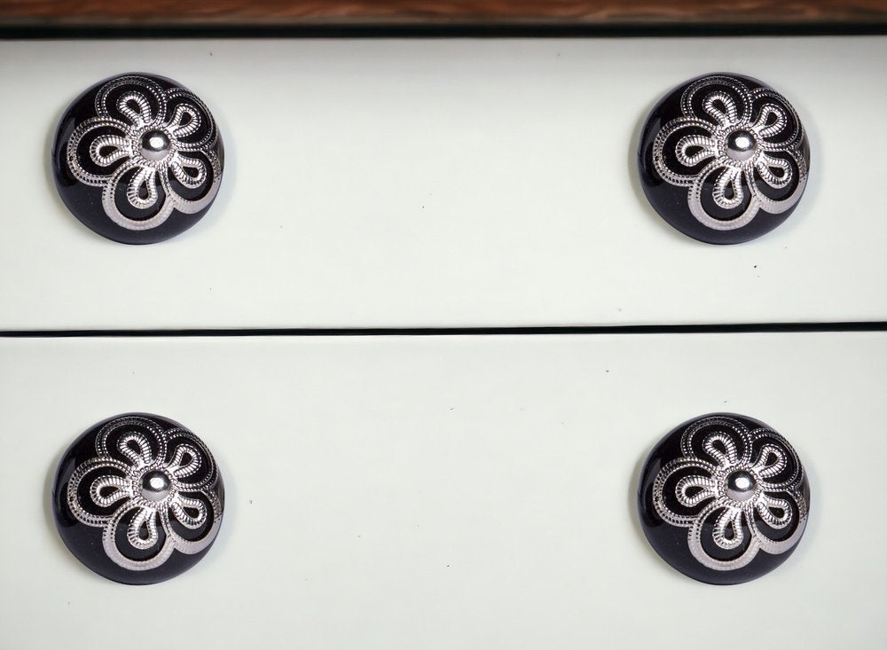 Set of Eight Black And Silver Ceramic And Metal Drawer Pull Knobs