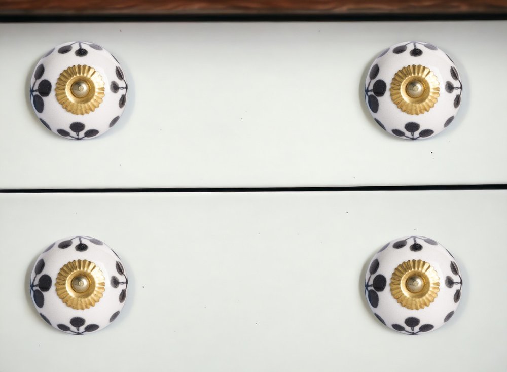 Set of Eight Black And White Ceramic And Metal Drawer Pull Knobs