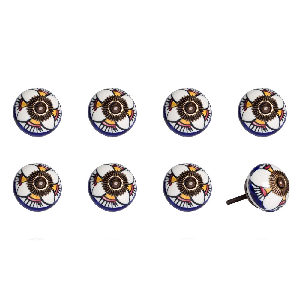 Set of Eight Blue And White Ceramic And Metal Drawer Pull Knobs