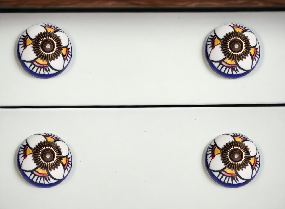 Set of Eight Blue And White Ceramic And Metal Drawer Pull Knobs