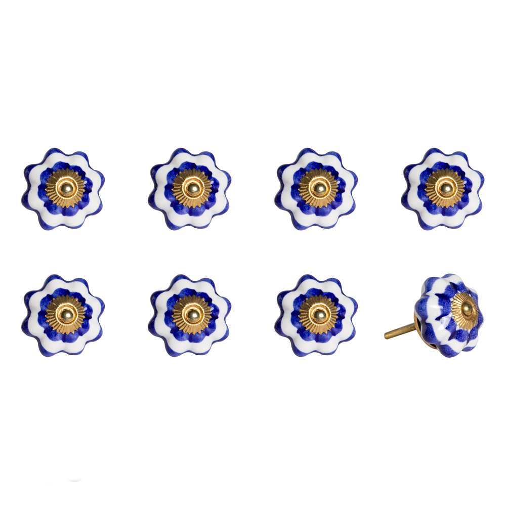Set of Eight Blue And White Ceramic And Metal Drawer Pull Knobs