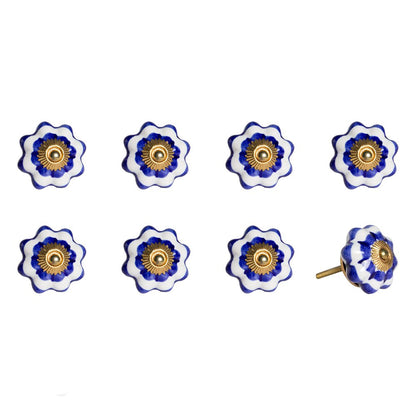 Set of Eight Blue And White Ceramic And Metal Drawer Pull Knobs