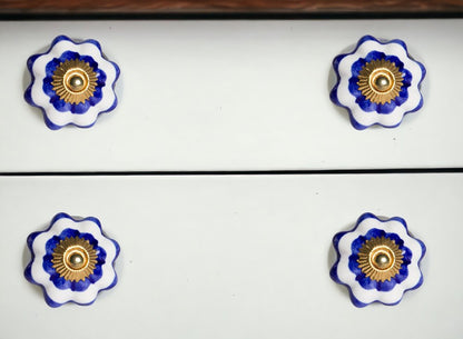 Set of Eight Blue And White Ceramic And Metal Drawer Pull Knobs