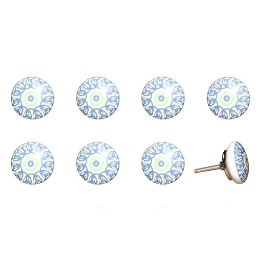 Set of Eight Light Blue And White Ceramic And Metal Drawer Pull Knobs