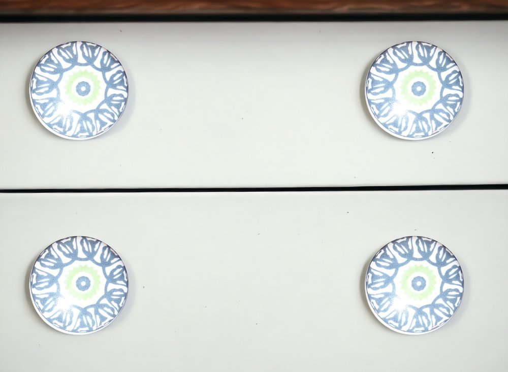 Set of Eight Light Blue And White Ceramic And Metal Drawer Pull Knobs