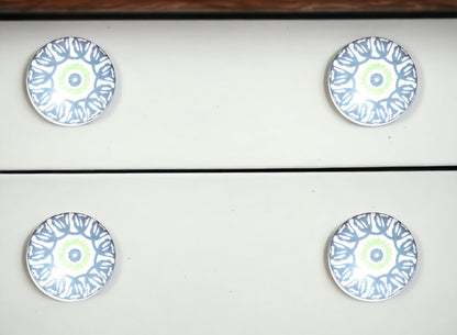 Set of Eight Light Blue And White Ceramic And Metal Drawer Pull Knobs