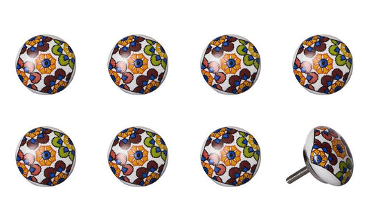 Set of Eight Blue And Orange Ceramic And Metal Drawer Pull Knobs