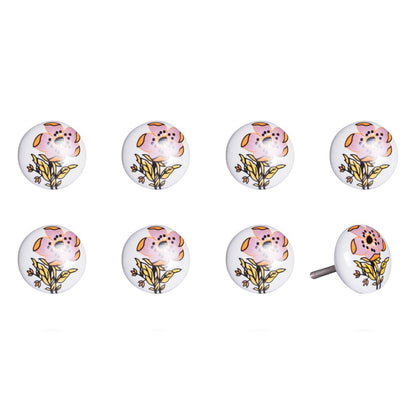 Set of Eight Yellow And White Ceramic And Metal Drawer Pull Knobs
