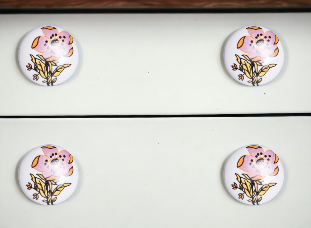 Set of Eight Yellow And White Ceramic And Metal Drawer Pull Knobs