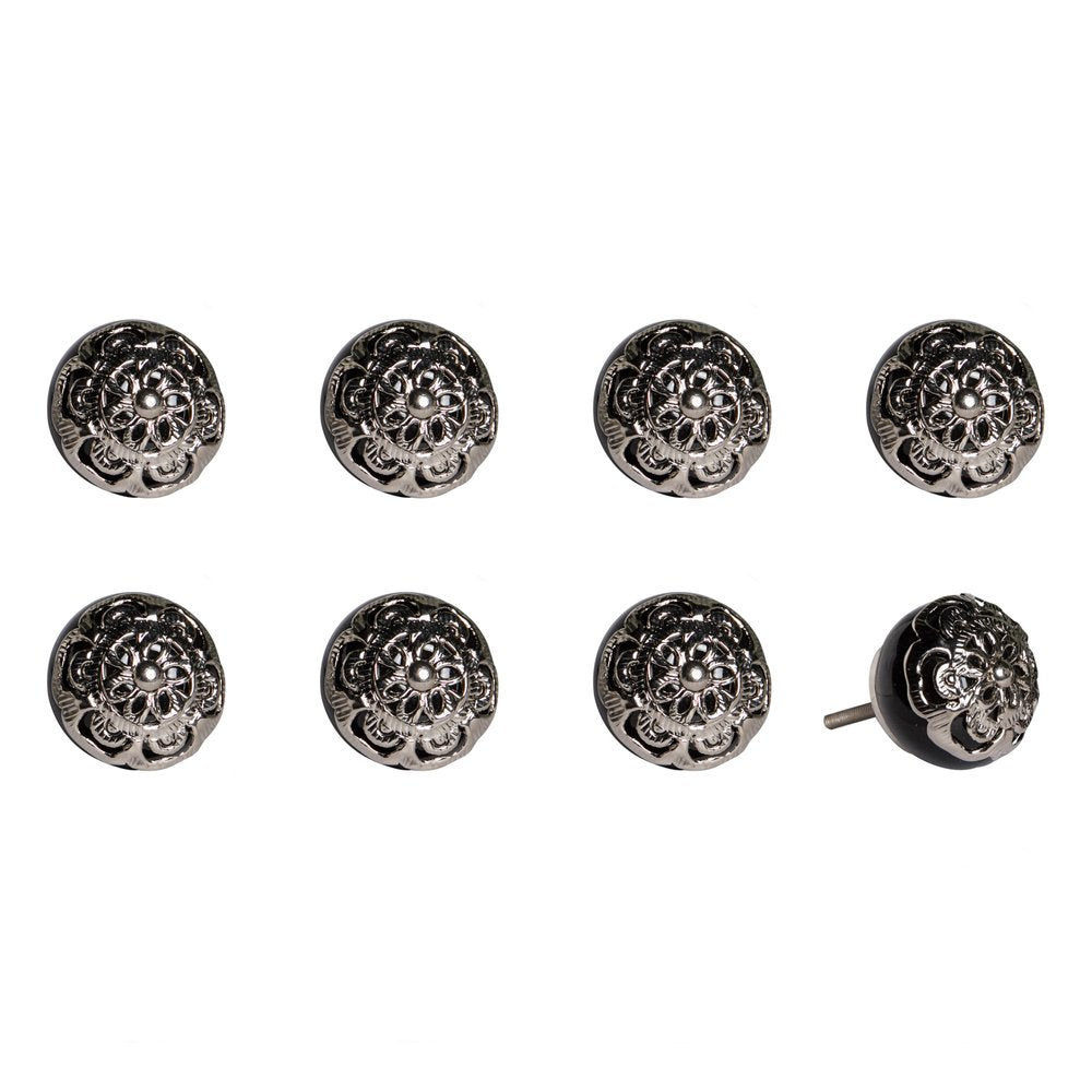 Set of Eight Black And Silver Ceramic And Metal Drawer Pull Knobs