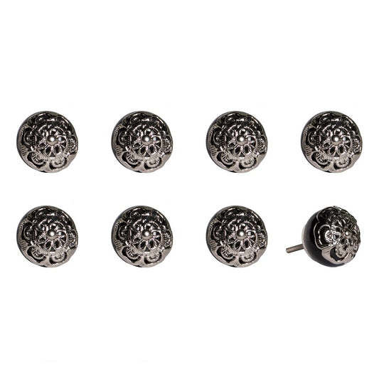 Set of Eight Black And Silver Ceramic And Metal Drawer Pull Knobs