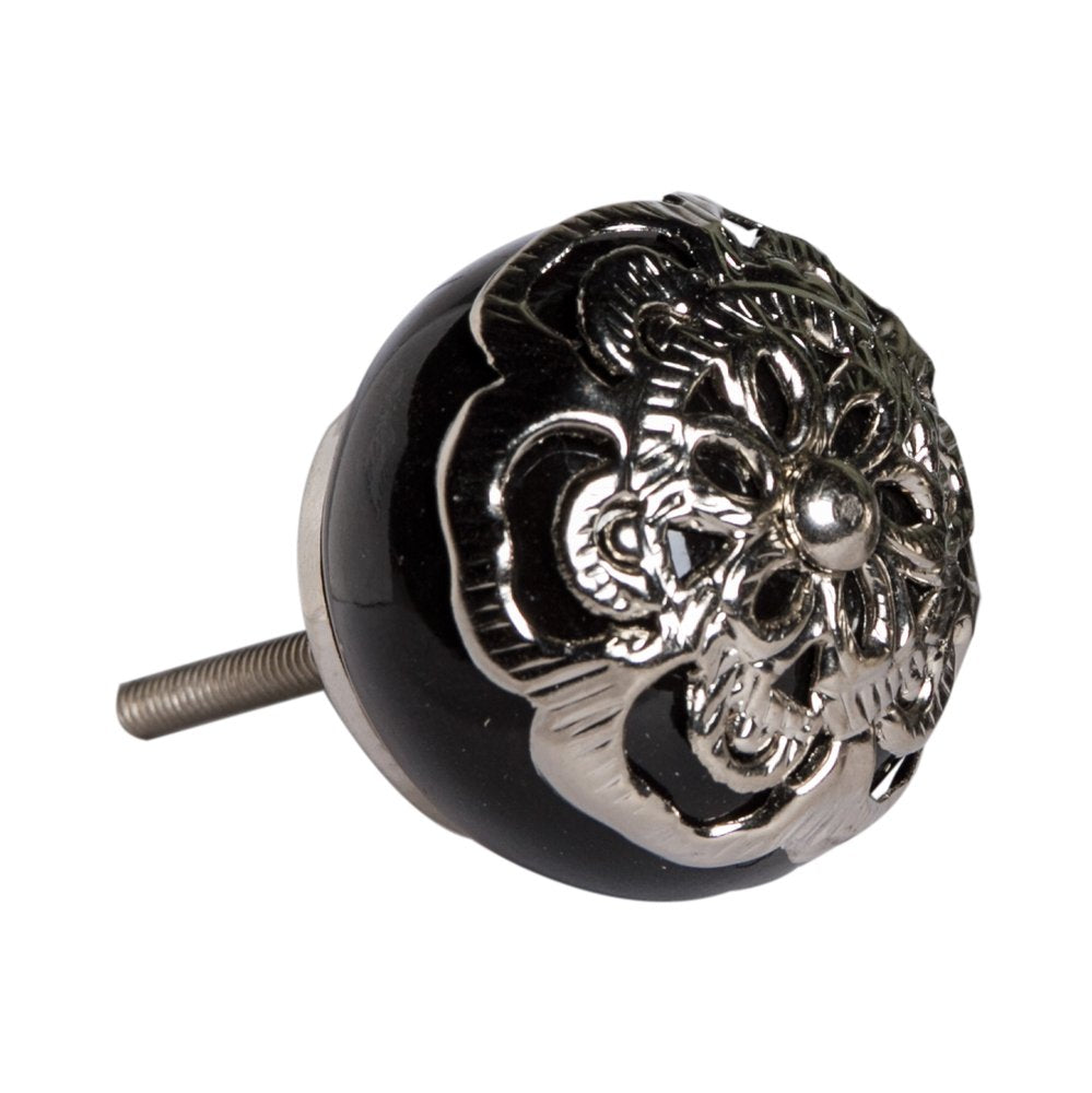 Set of Eight Black And Silver Ceramic And Metal Drawer Pull Knobs