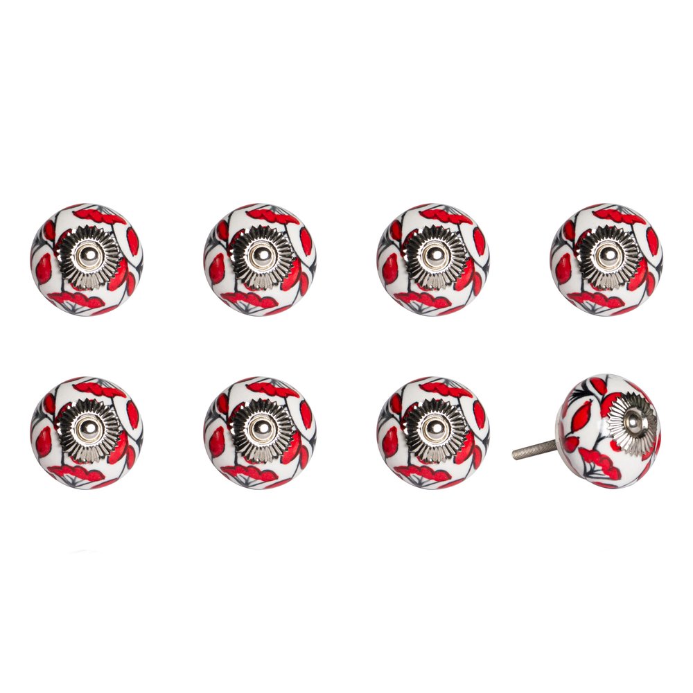 Set of Eight White And Red Ceramic And Metal Drawer Pull Knobs