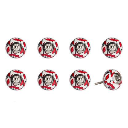 Set of Eight White And Red Ceramic And Metal Drawer Pull Knobs