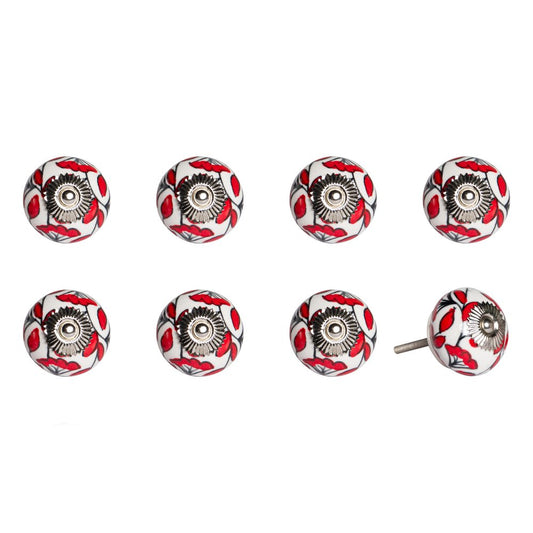 Set of Eight White And Red Ceramic And Metal Drawer Pull Knobs