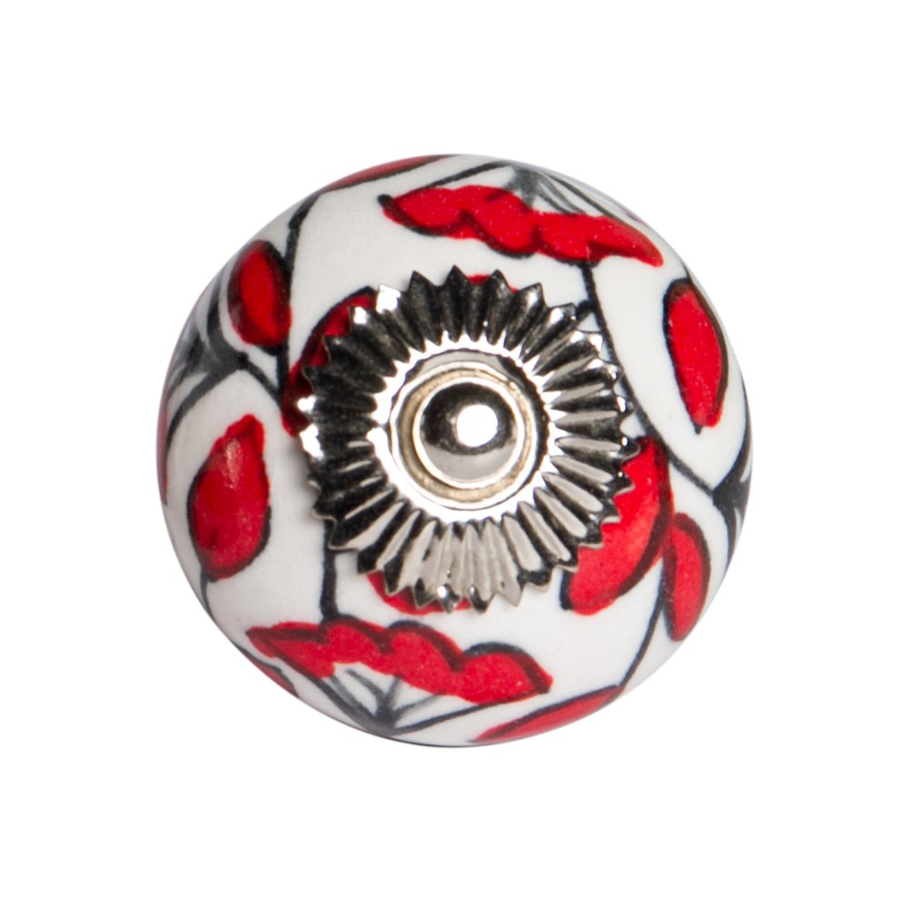 Set of Eight White And Red Ceramic And Metal Drawer Pull Knobs