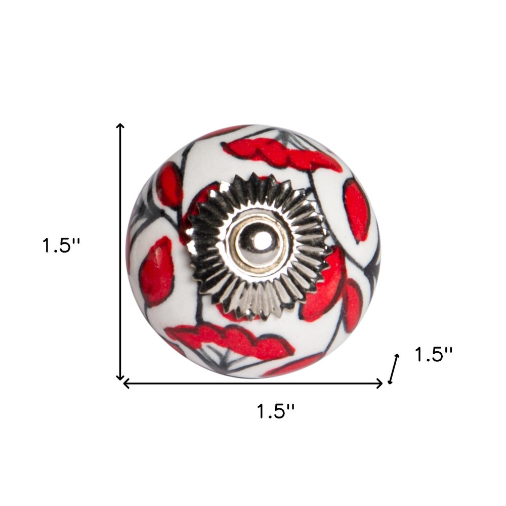 Set of Eight White And Red Ceramic And Metal Drawer Pull Knobs