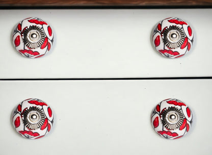 Set of Eight White And Red Ceramic And Metal Drawer Pull Knobs