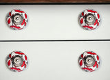 Set of Eight White And Red Ceramic And Metal Drawer Pull Knobs