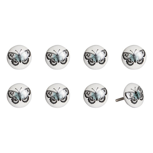 Set of Eight Black And White Ceramic And Metal Drawer Pull Knobs