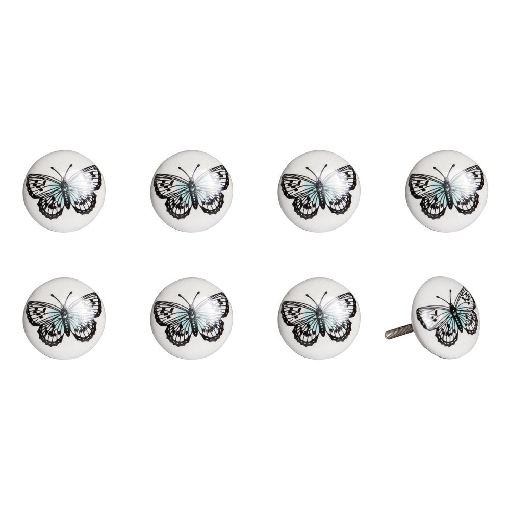 Set of Eight Black And White Ceramic And Metal Drawer Pull Knobs