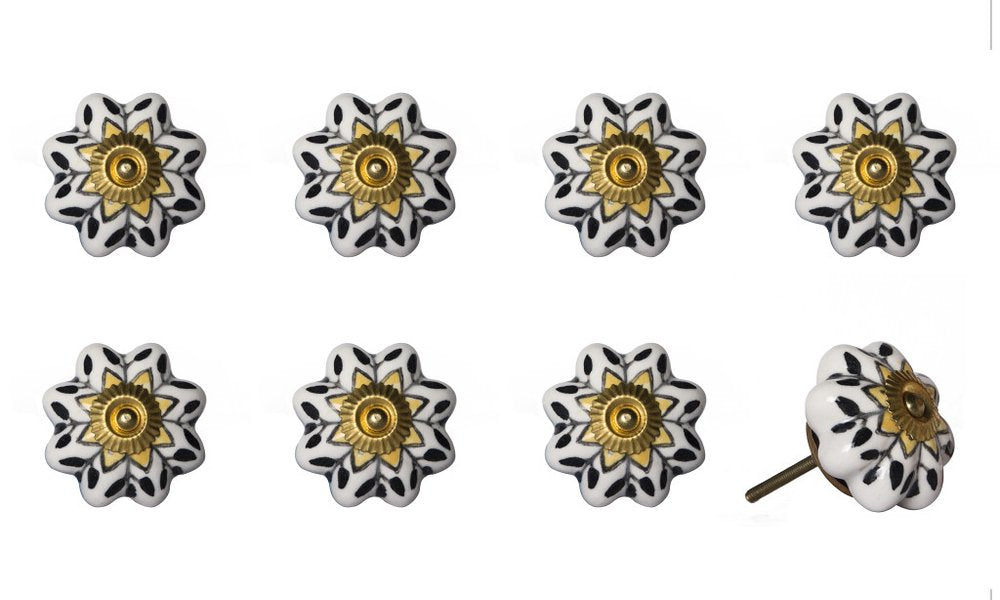 Set of Eight Black And Yellow Ceramic And Metal Drawer Pull Knobs