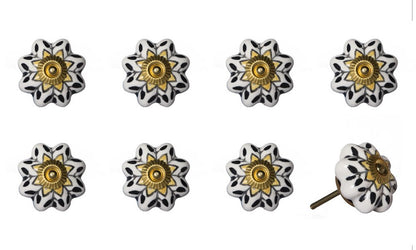 Set of Eight Black And Yellow Ceramic And Metal Drawer Pull Knobs