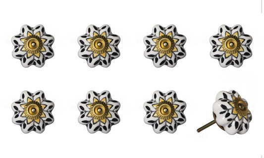 Set of Eight Black And Yellow Ceramic And Metal Drawer Pull Knobs