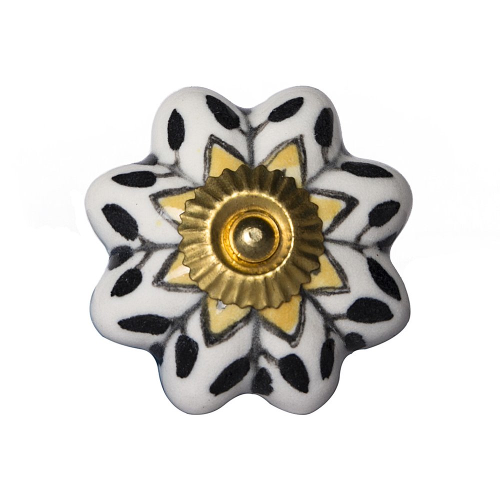 Set of Eight Black And Yellow Ceramic And Metal Drawer Pull Knobs