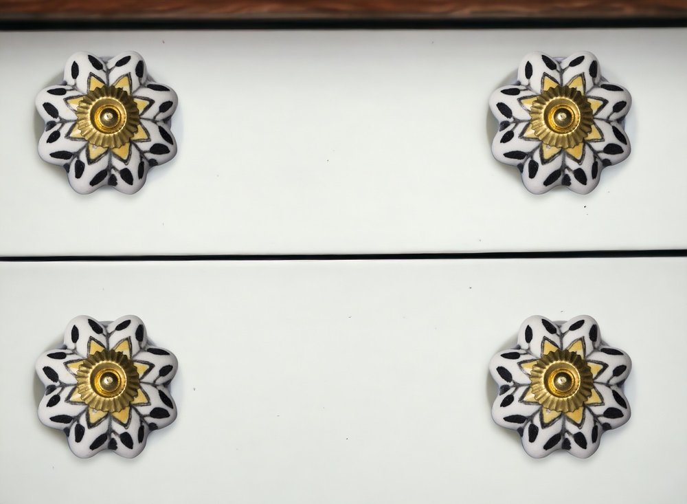 Set of Eight Black And Yellow Ceramic And Metal Drawer Pull Knobs