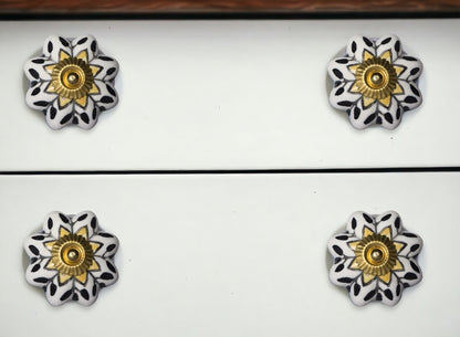 Set of Eight Black And Yellow Ceramic And Metal Drawer Pull Knobs