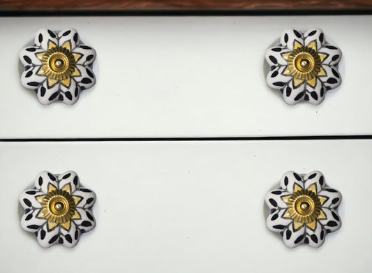 Set of Eight Black And Yellow Ceramic And Metal Drawer Pull Knobs