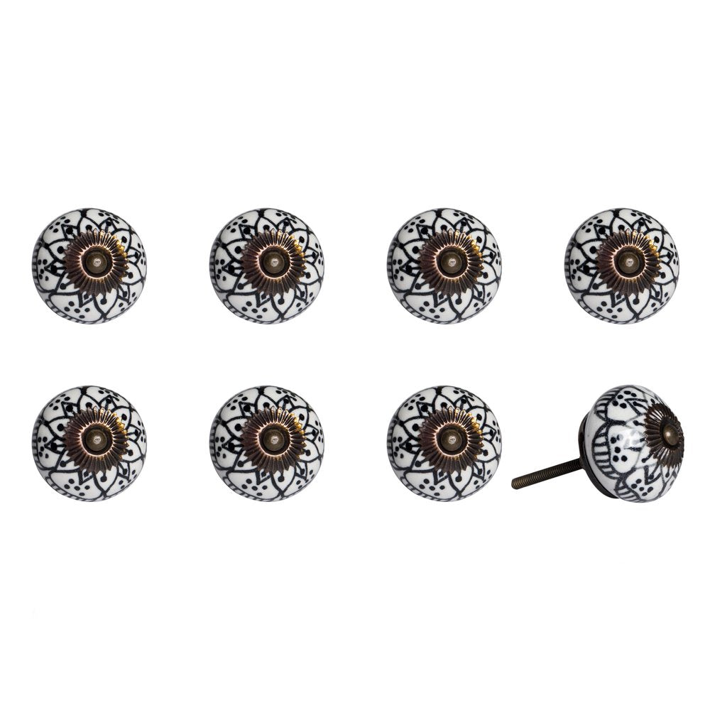 Set of Eight Black And White Ceramic And Metal Drawer Pull Knobs