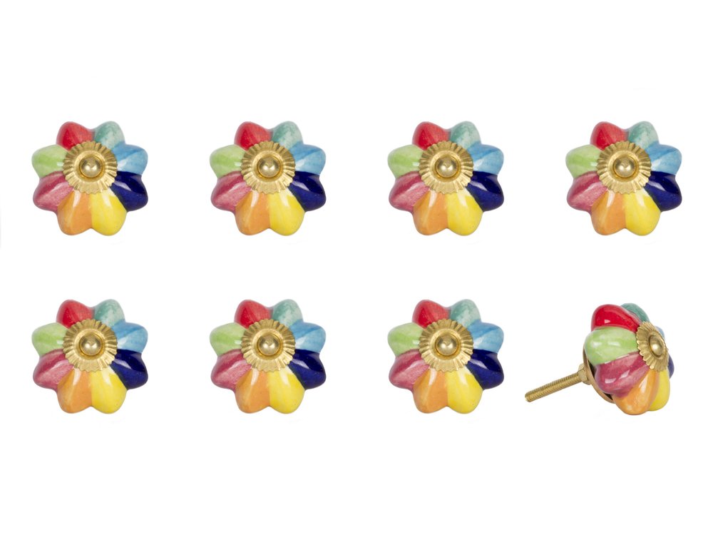 Set of Eight Blue And Green Ceramic And Metal Drawer Pull Knobs