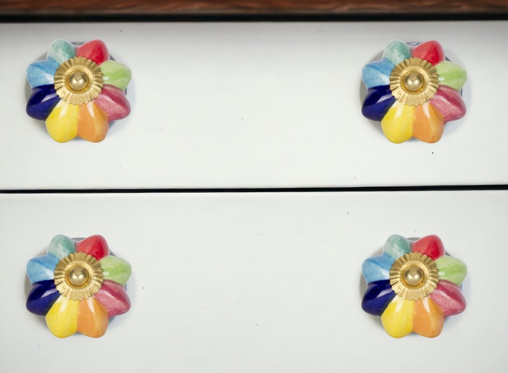 Set of Eight Blue And Green Ceramic And Metal Drawer Pull Knobs