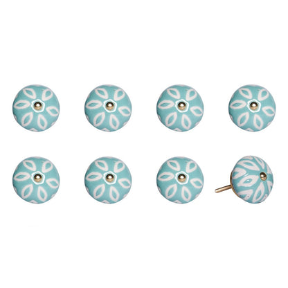 Set of Eight Turquoise And White Ceramic And Metal Drawer Pull Knobs