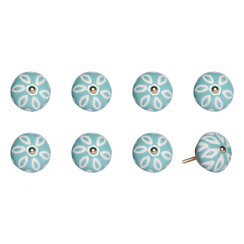 Set of Eight Turquoise And White Ceramic And Metal Drawer Pull Knobs
