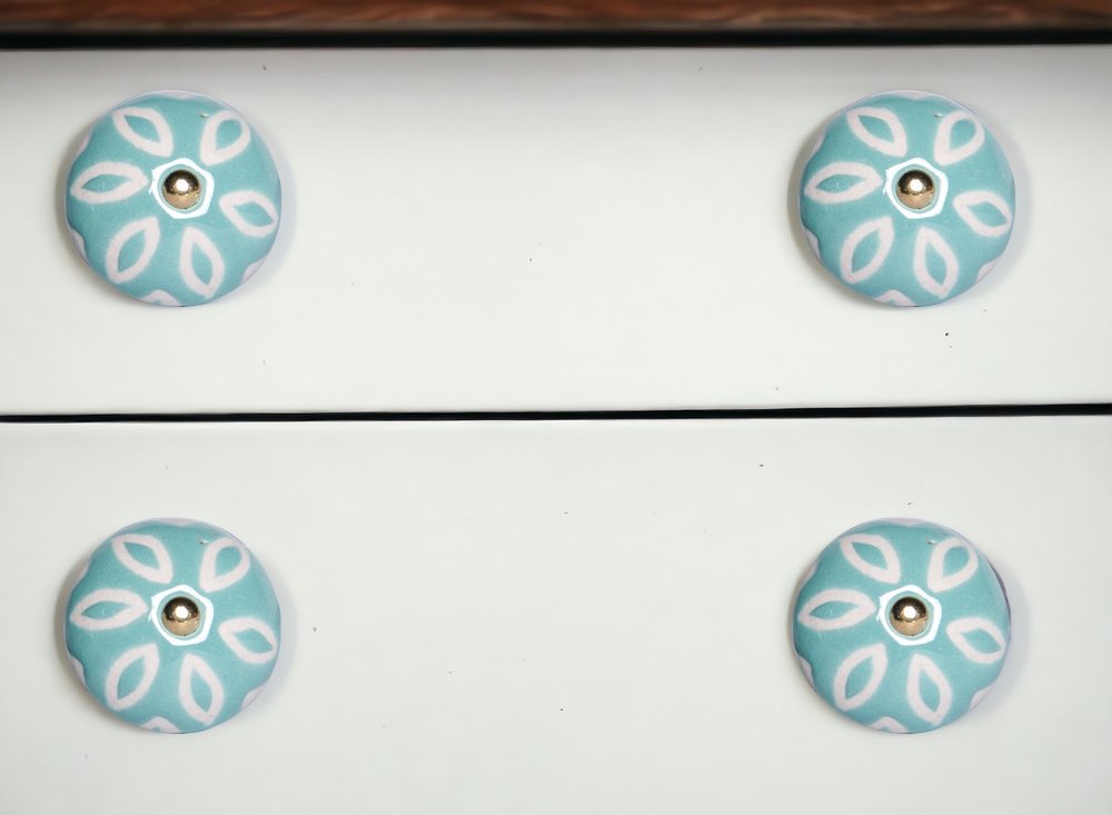 Set of Eight Turquoise And White Ceramic And Metal Drawer Pull Knobs