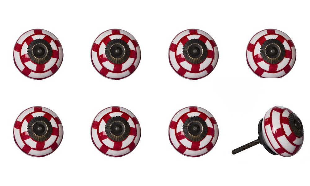 Set of Eight White And Red Ceramic And Metal Drawer Pull Knobs