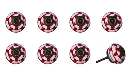 Set of Eight White And Red Ceramic And Metal Drawer Pull Knobs
