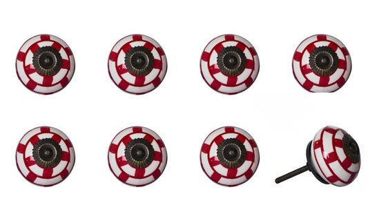 Set of Eight White And Red Ceramic And Metal Drawer Pull Knobs