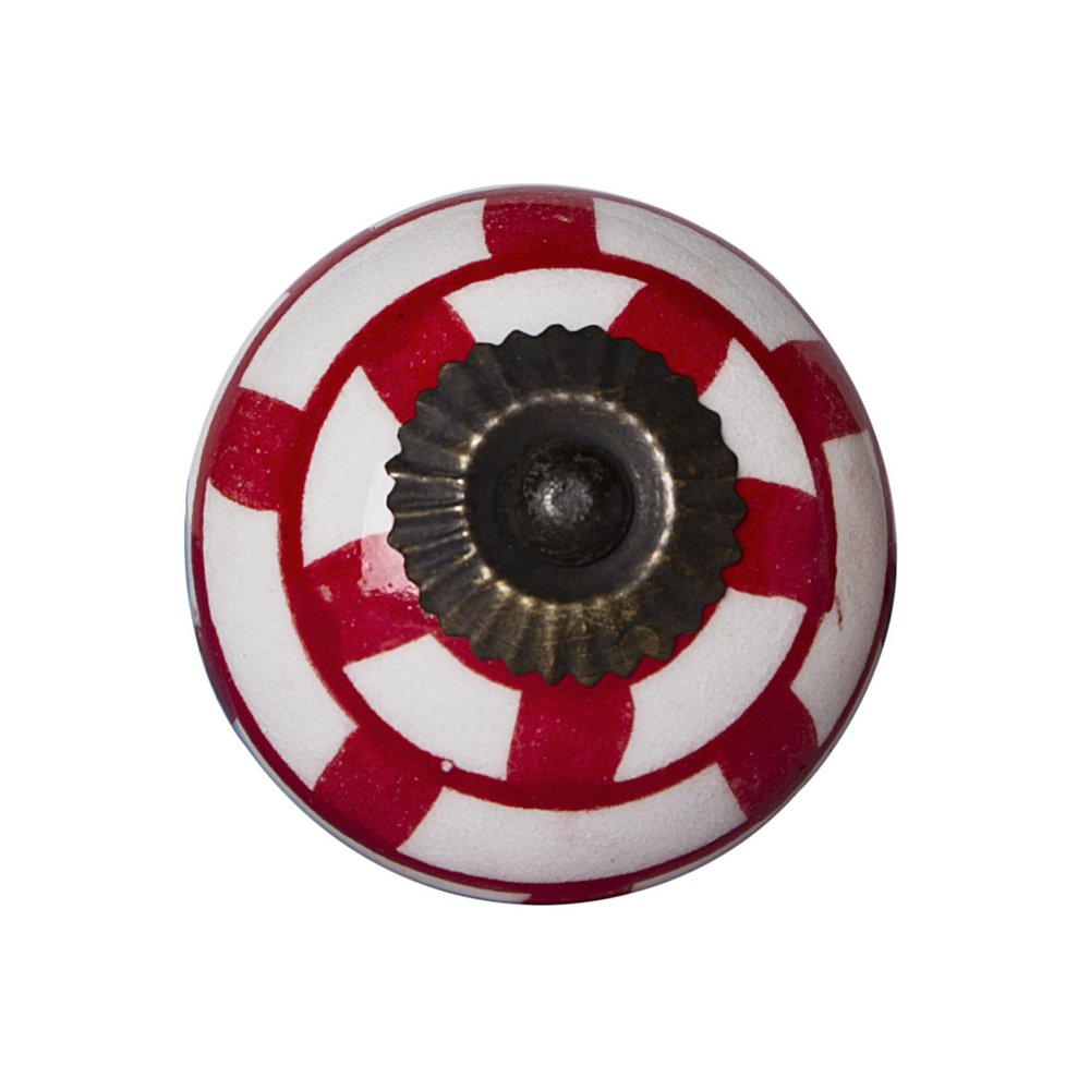 Set of Eight White And Red Ceramic And Metal Drawer Pull Knobs
