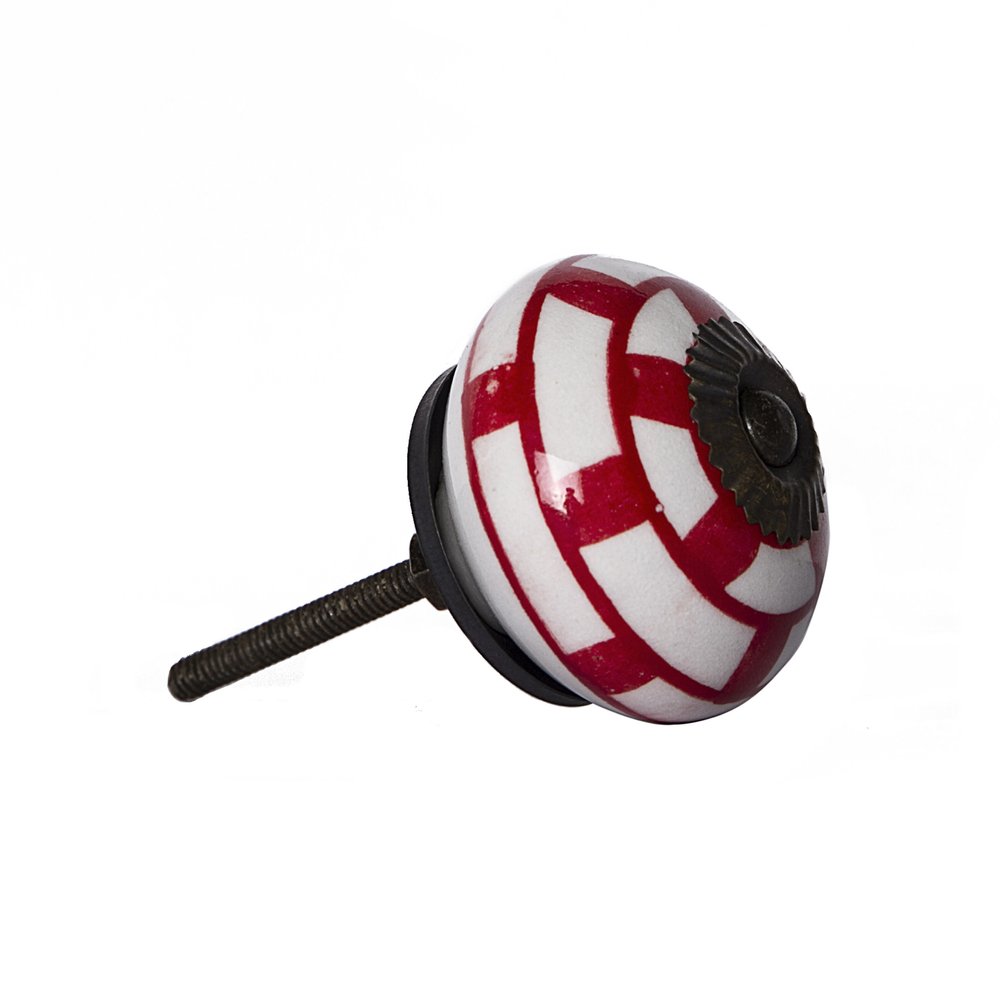 Set of Eight White And Red Ceramic And Metal Drawer Pull Knobs