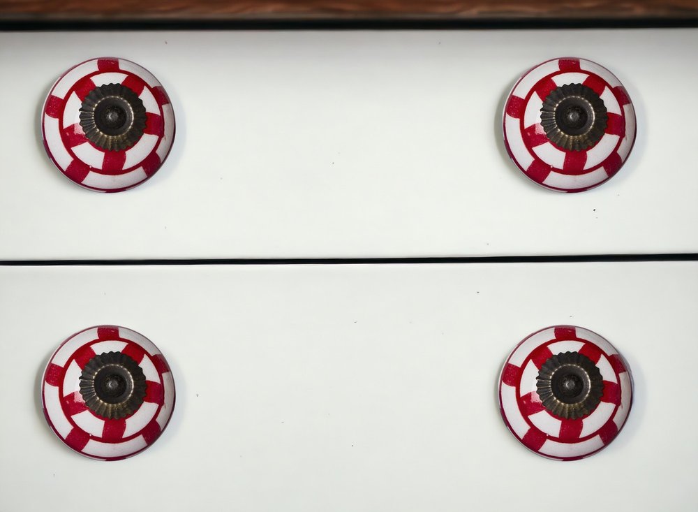 Set of Eight White And Red Ceramic And Metal Drawer Pull Knobs
