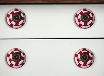 Set of Eight White And Red Ceramic And Metal Drawer Pull Knobs