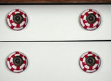 Set of Eight White And Red Ceramic And Metal Drawer Pull Knobs