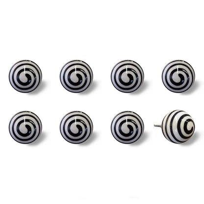 Set of Eight Black And White Ceramic And Metal Drawer Pull Knobs