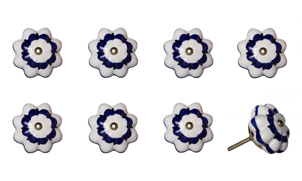 Set of Eight Blue And White Ceramic And Metal Drawer Pull Knobs
