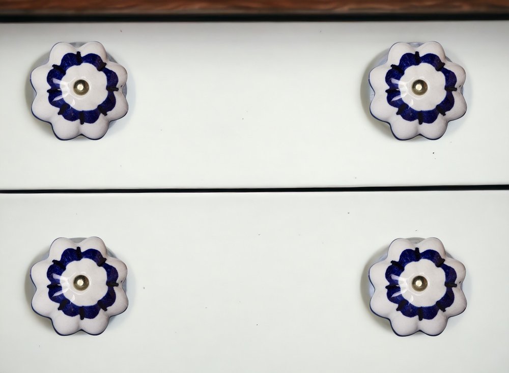 Set of Eight Blue And White Ceramic And Metal Drawer Pull Knobs