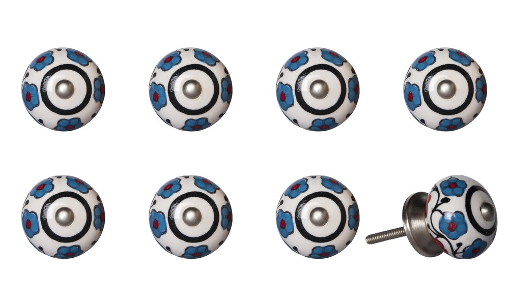 Set of Eight Blue And White Ceramic And Metal Drawer Pull Knobs